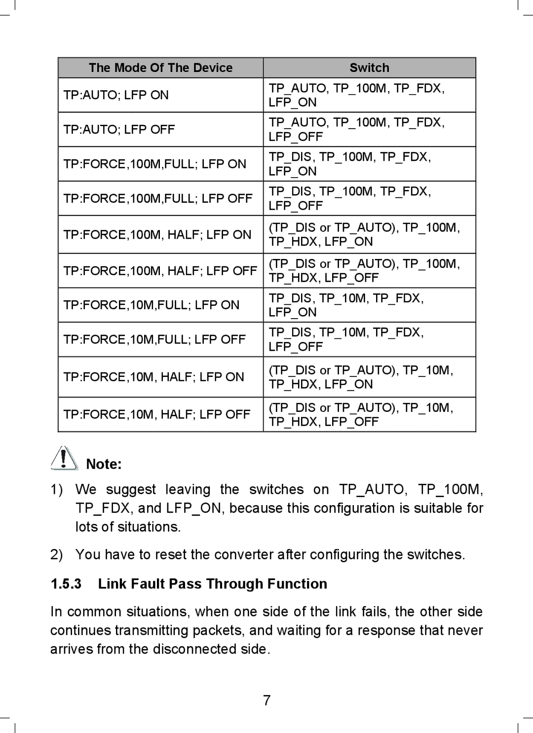 TP-Link MC110CS, MC112CS, MC100CM, MC111CS manual Link Fault Pass Through Function, Mode Of The Device Switch 