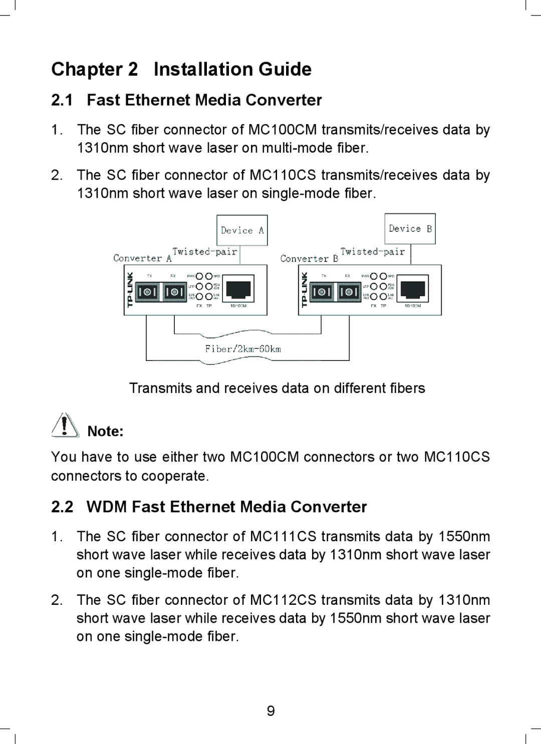 TP-Link MC111CS, MC112CS, MC110CS, MC100CM manual Installation Guide, WDM Fast Ethernet Media Converter 