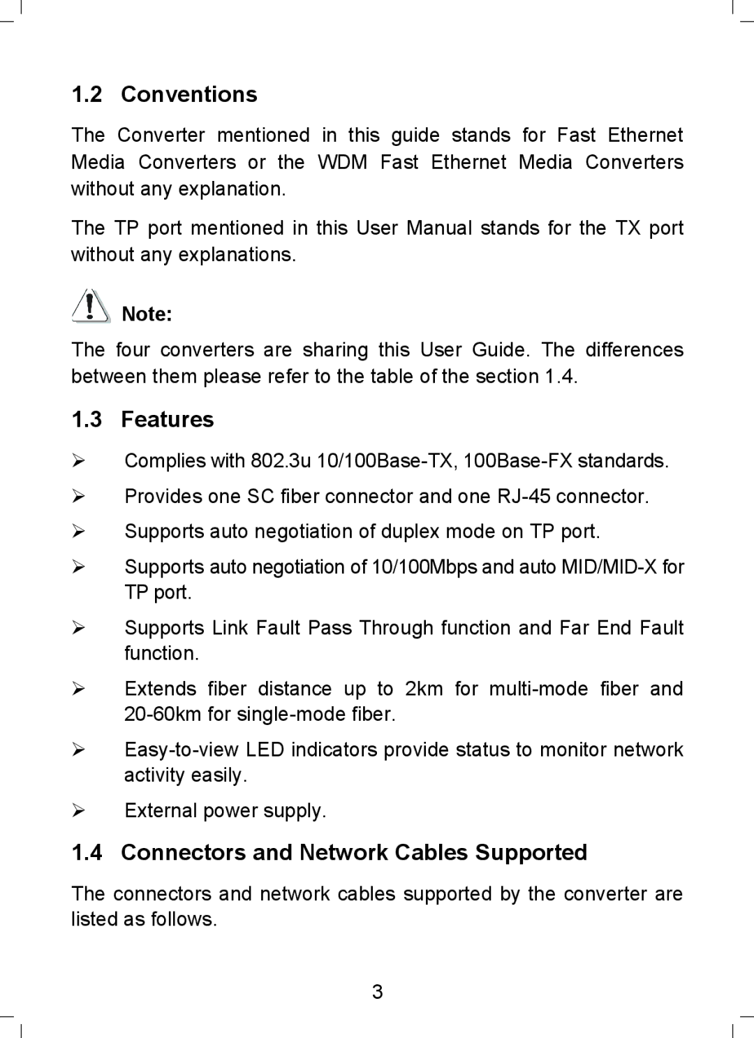 TP-Link MC110CS, MC112CS, MC100CM, MC111CS manual Conventions, Features, Connectors and Network Cables Supported 