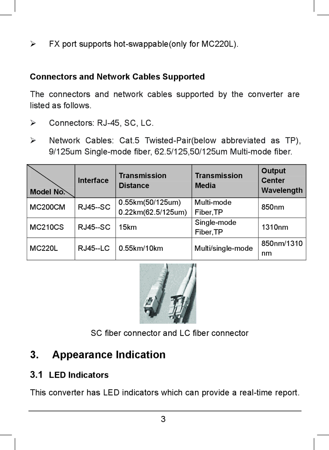 TP-Link MC220L, MC210CS, MC200CM manual Appearance Indication, Connectors and Network Cables Supported, LED Indicators 