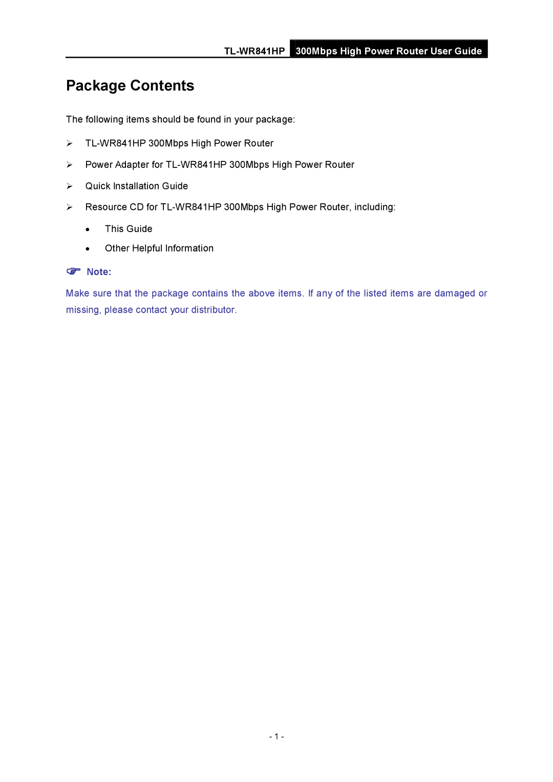 TP-Link Rev 1.0.0 1910010810 manual Package Contents 