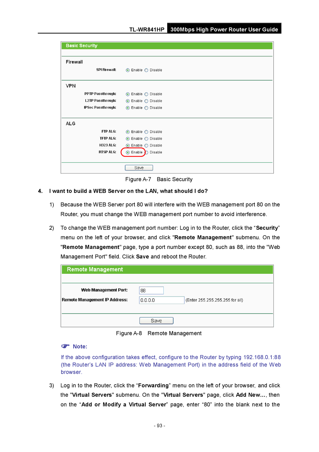 TP-Link Rev 1.0.0 1910010810 manual Figure A-7 Basic Security, Want to build a WEB Server on the LAN, what should I do? 