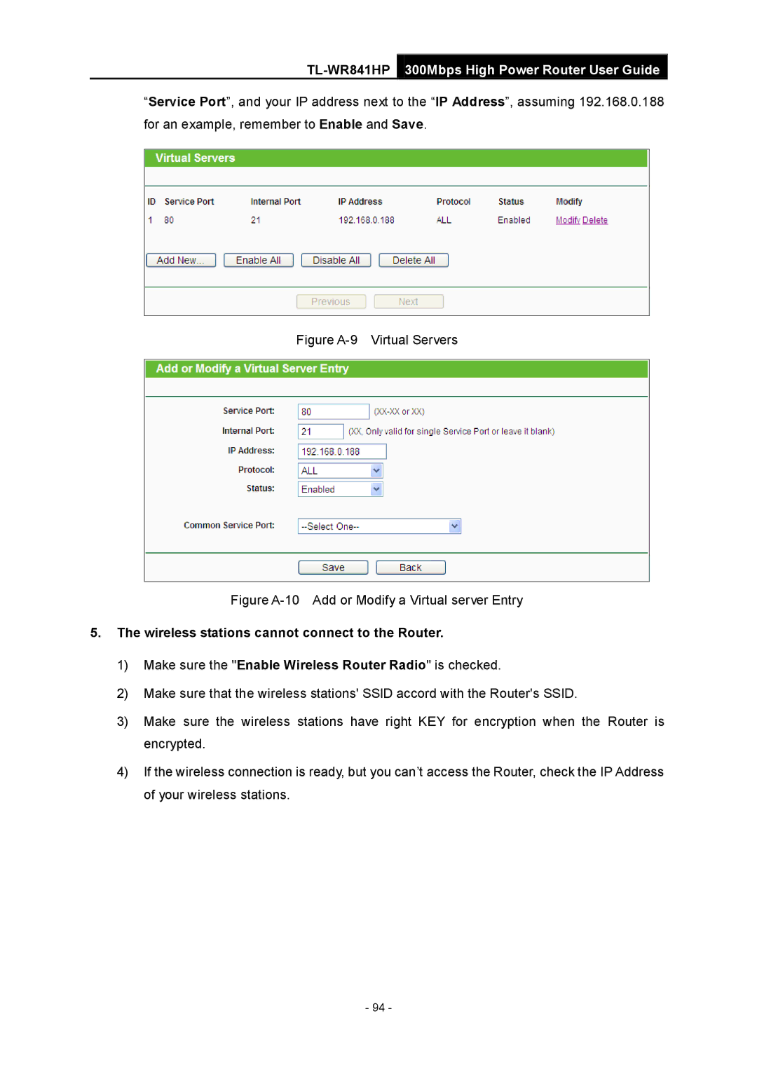 TP-Link Rev 1.0.0 1910010810 manual Figure A-9 Virtual Servers, Wireless stations cannot connect to the Router 