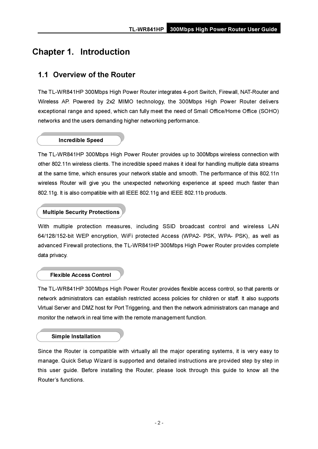 TP-Link Rev 1.0.0 1910010810 Overview of the Router, Incredible Speed, Multiple Security Protections, Simple Installation 