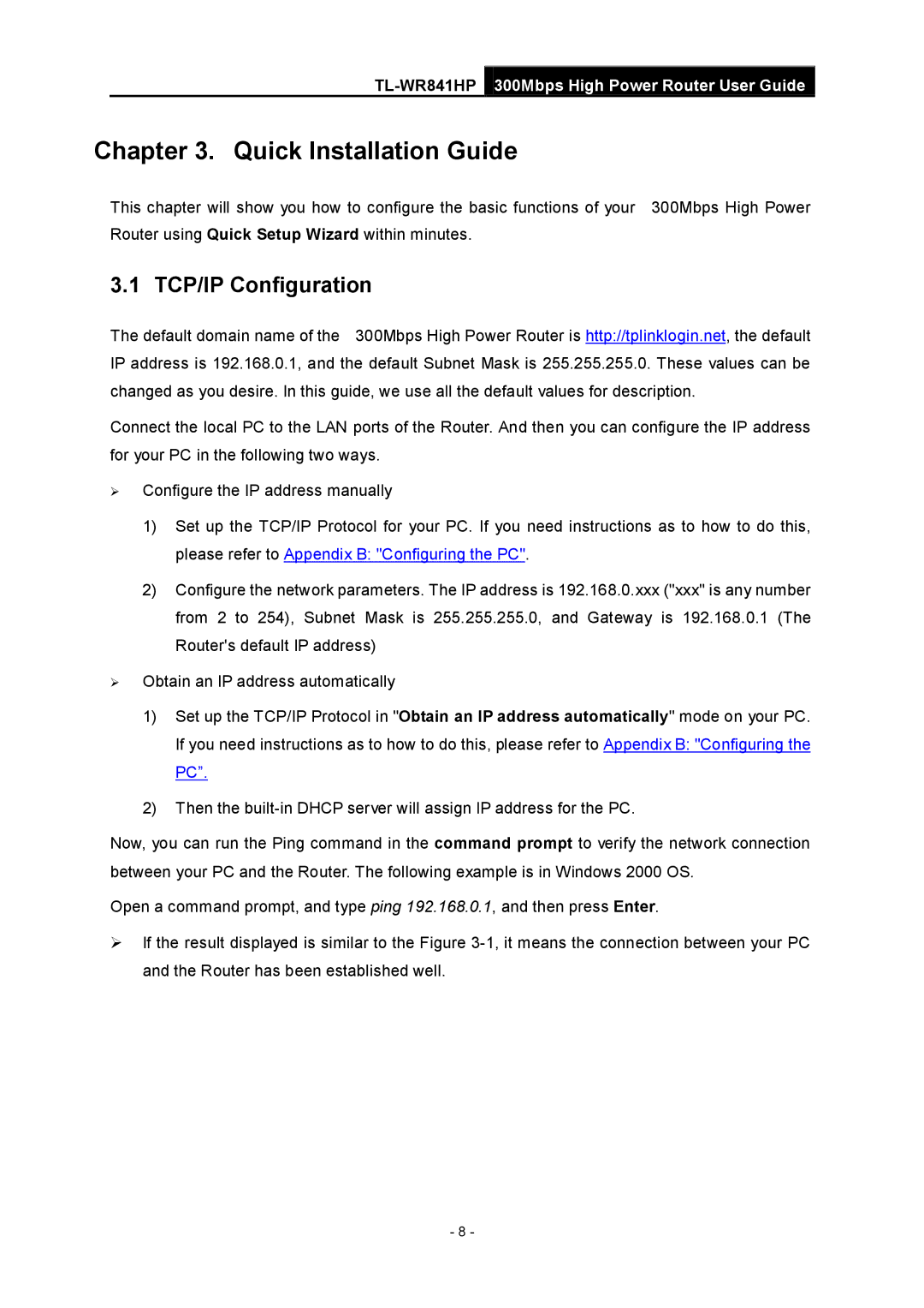 TP-Link Rev 1.0.0 1910010810 manual Quick Installation Guide, TCP/IP Configuration 