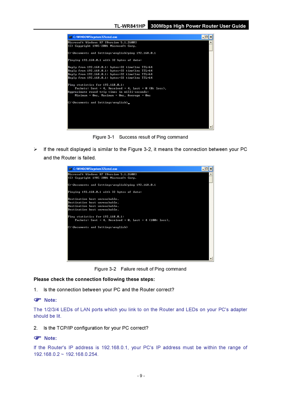 TP-Link Rev 1.0.0 1910010810 manual Please check the connection following these steps, Success result of Ping command 