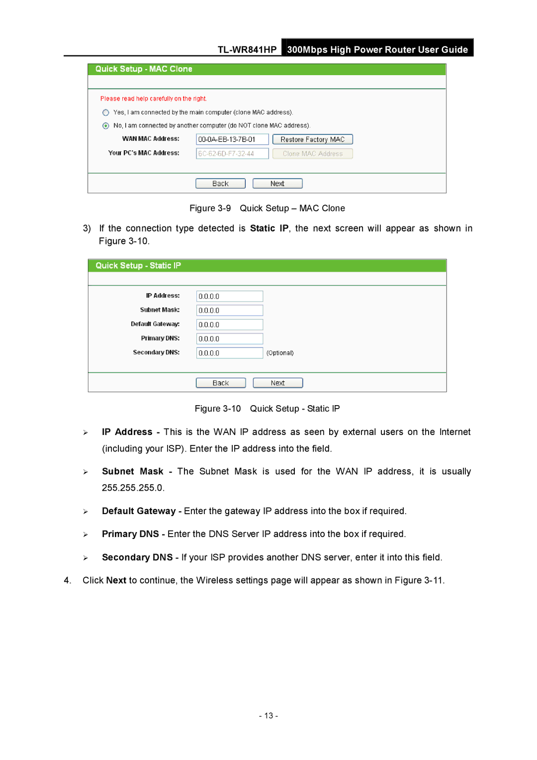 TP-Link Rev 1.0.0 1910010810 manual Quick Setup Static IP 