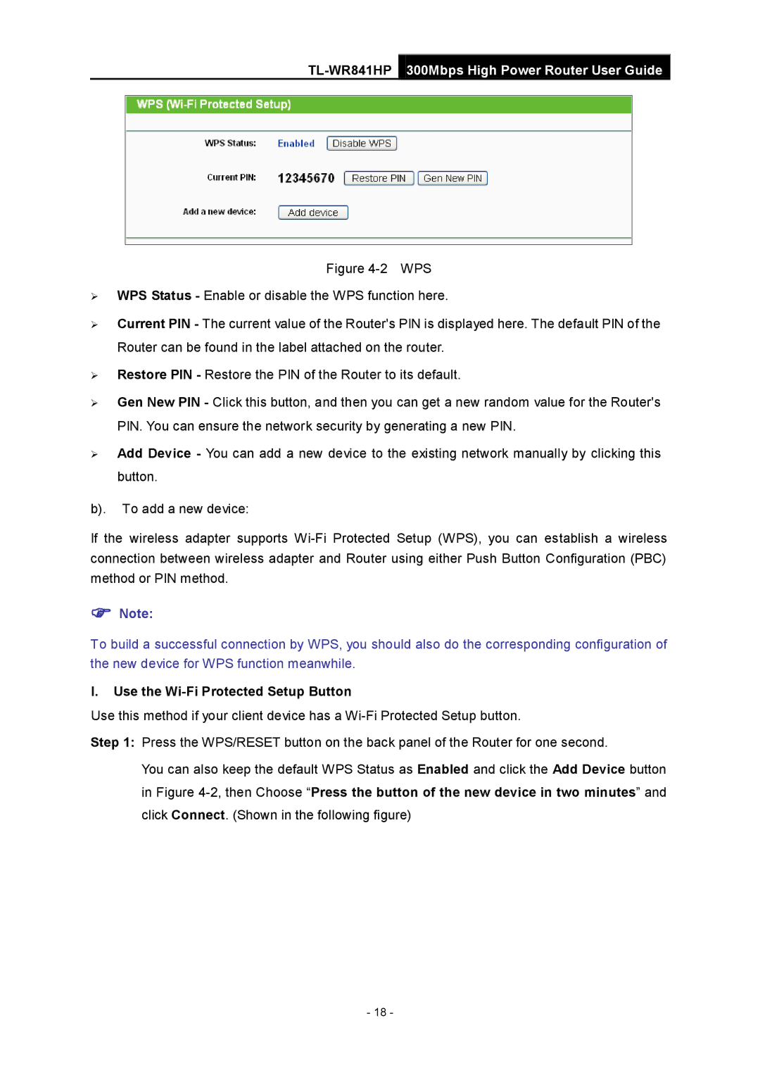 TP-Link Rev 1.0.0 1910010810 manual Use the Wi-Fi Protected Setup Button 