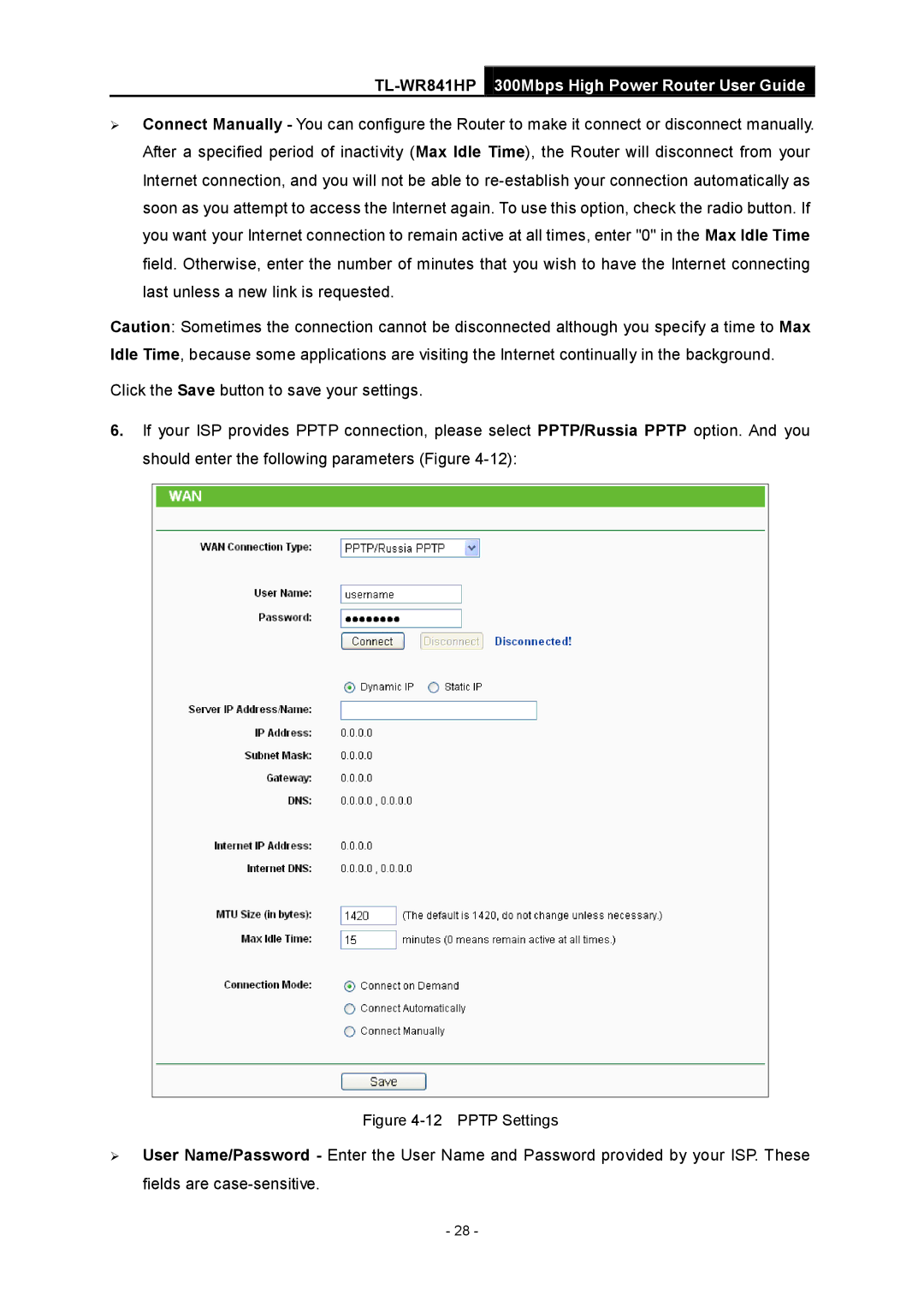 TP-Link Rev 1.0.0 1910010810 manual Pptp Settings 