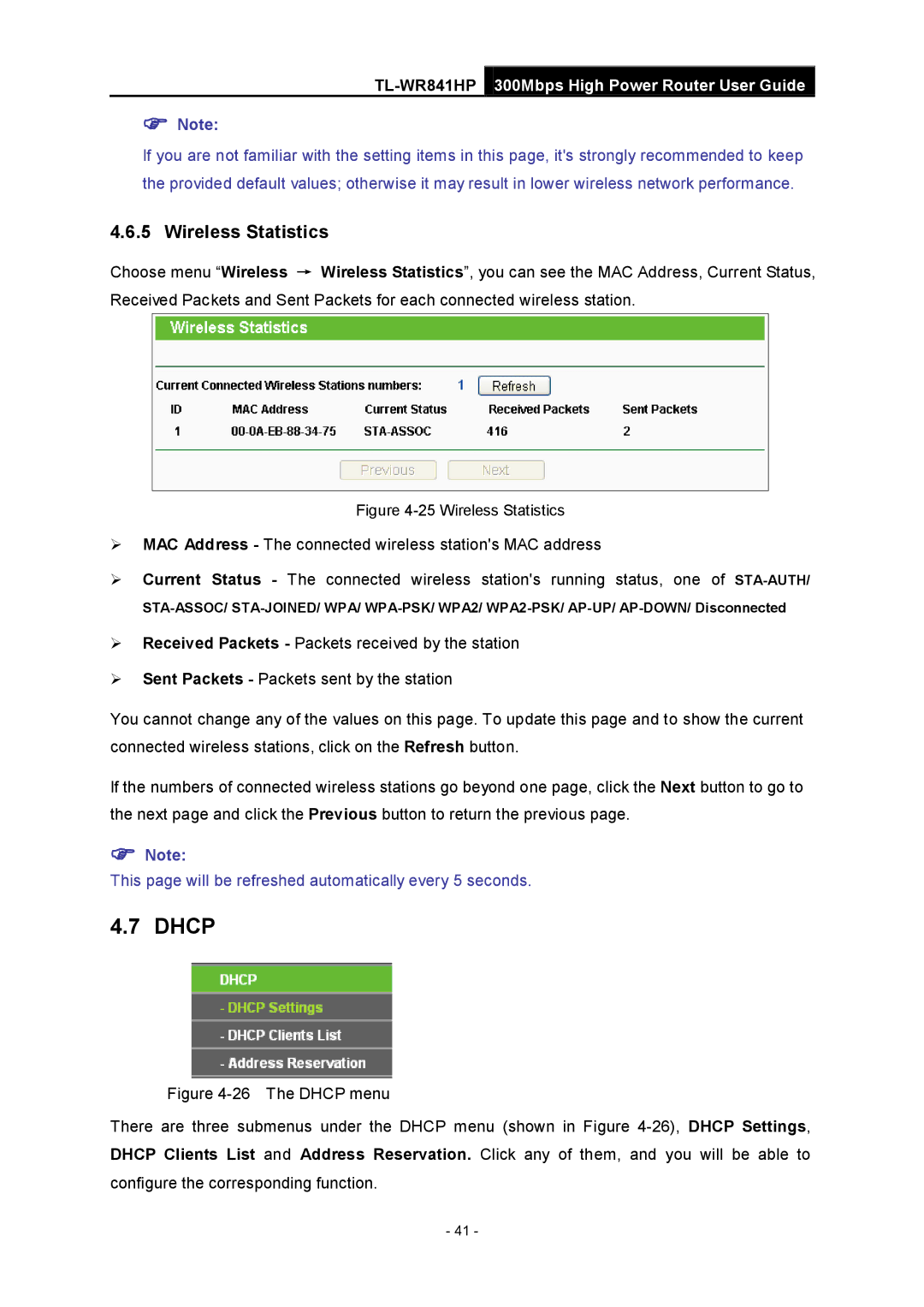 TP-Link Rev 1.0.0 1910010810 manual Dhcp, Wireless Statistics 