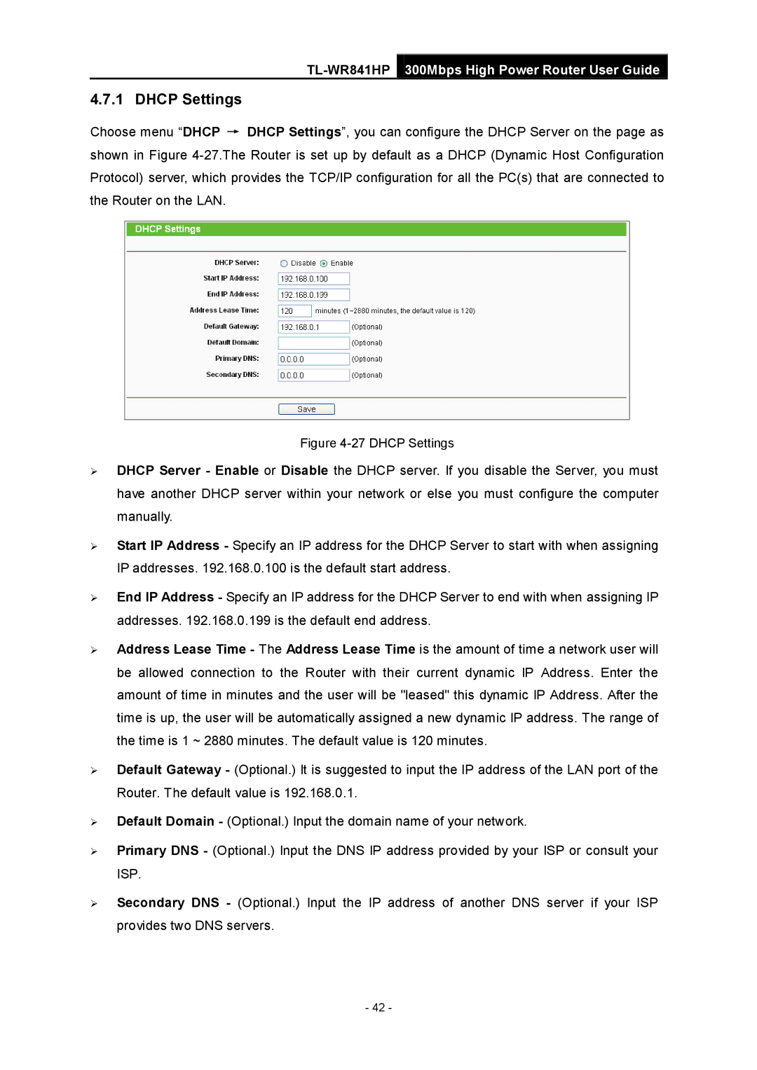 TP-Link Rev 1.0.0 1910010810 manual Dhcp Settings 