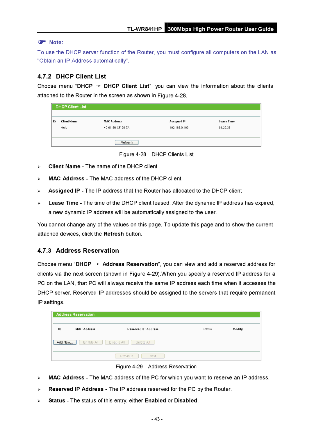 TP-Link Rev 1.0.0 1910010810 manual Dhcp Client List, Address Reservation 