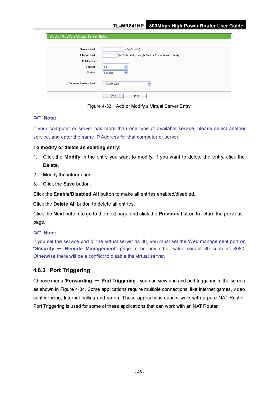 TP-Link Rev 1.0.0 1910010810 manual Port Triggering, Add or Modify a Virtual Server Entry 