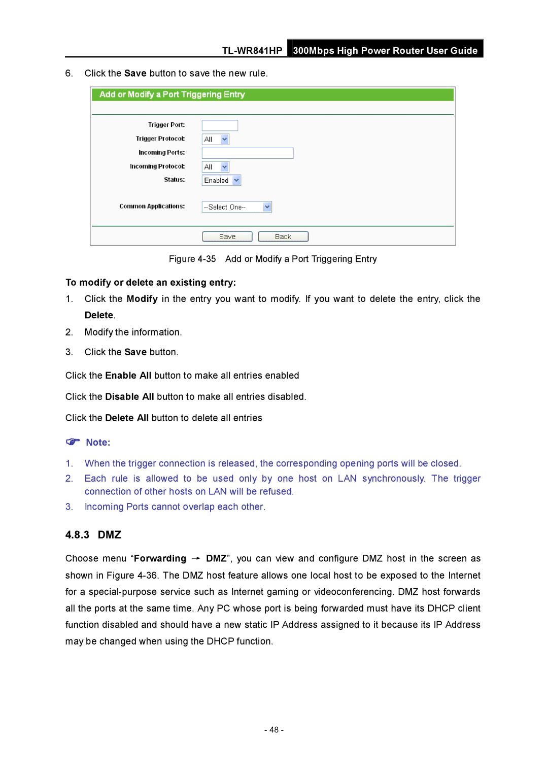 TP-Link Rev 1.0.0 1910010810 manual 3 DMZ, Add or Modify a Port Triggering Entry 