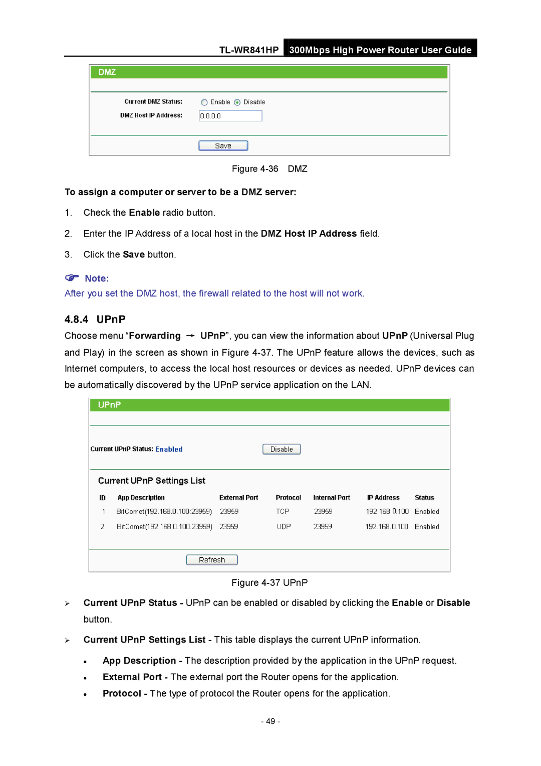 TP-Link Rev 1.0.0 1910010810 manual UPnP, To assign a computer or server to be a DMZ server 