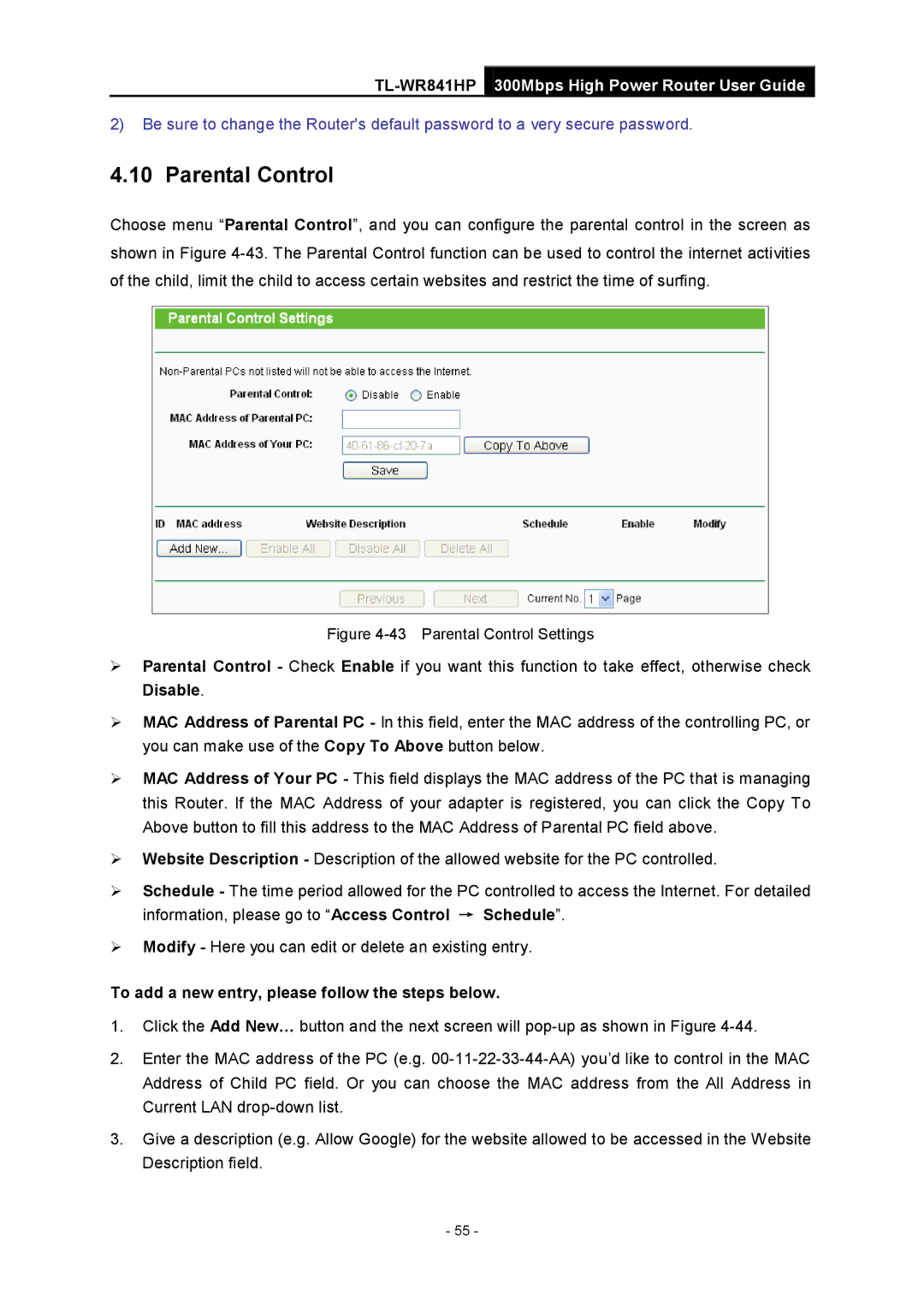 TP-Link Rev 1.0.0 1910010810 manual Parental Control, To add a new entry, please follow the steps below 