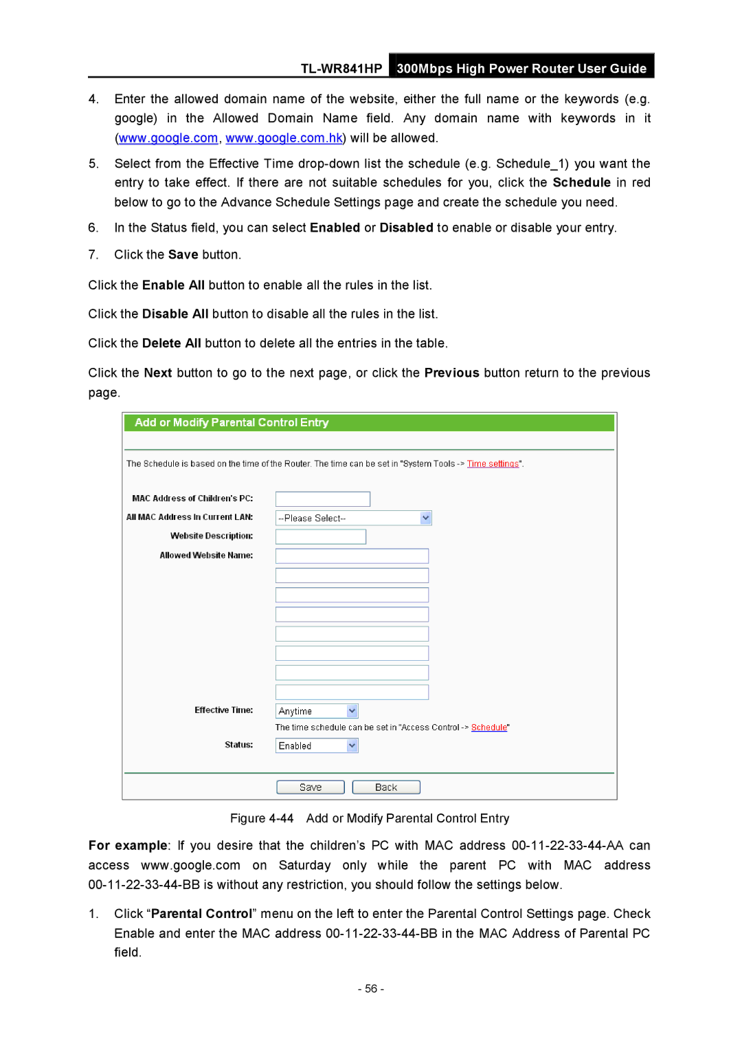 TP-Link Rev 1.0.0 1910010810 manual Add or Modify Parental Control Entry 