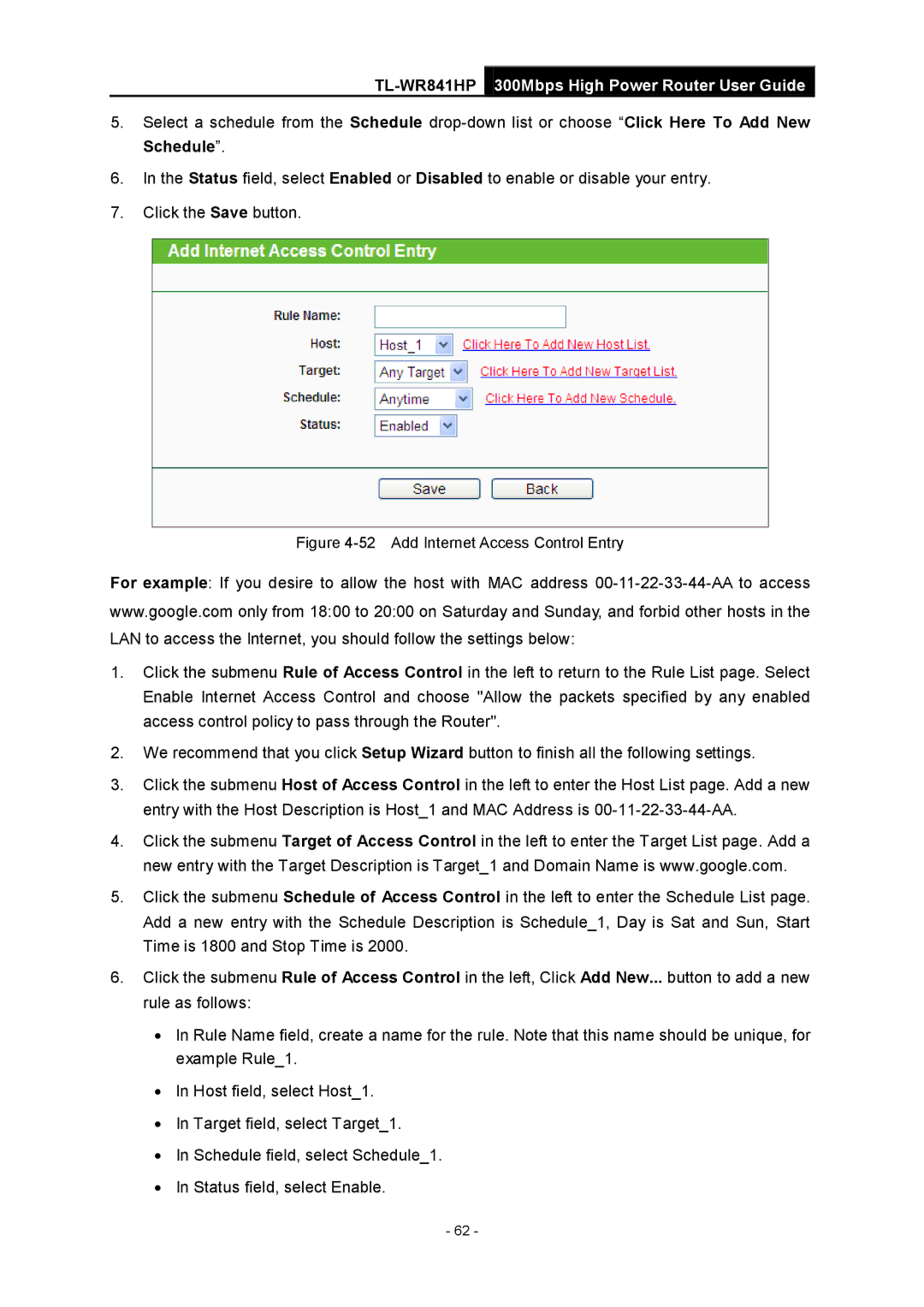 TP-Link Rev 1.0.0 1910010810 manual Add Internet Access Control Entry 