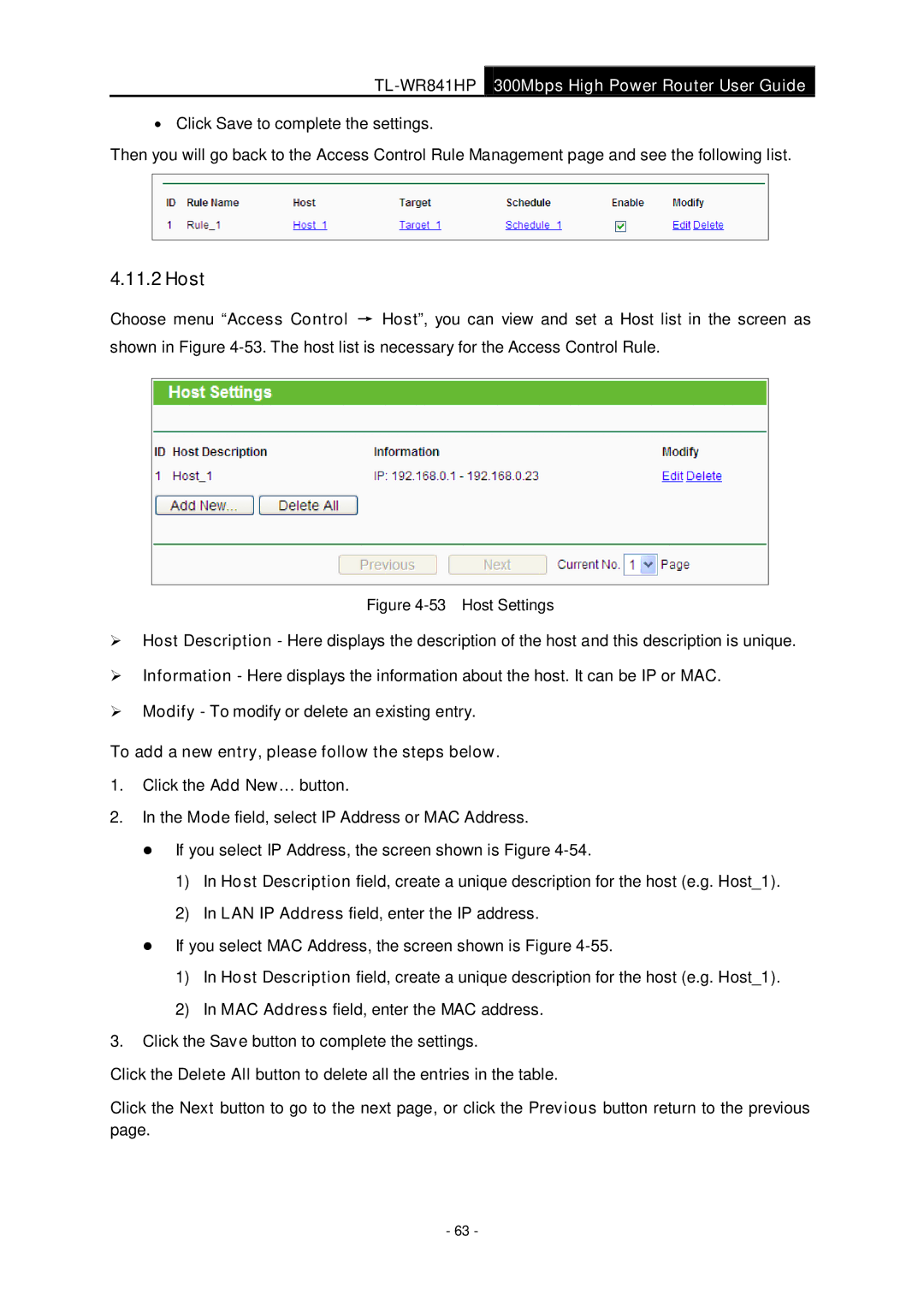 TP-Link Rev 1.0.0 1910010810 manual Host Settings 