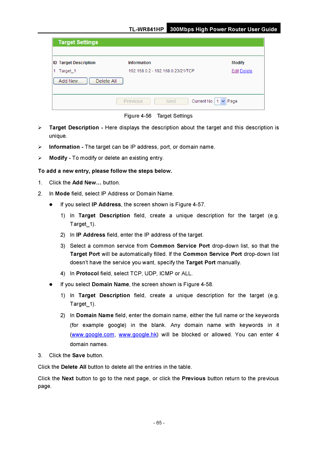 TP-Link Rev 1.0.0 1910010810 manual Target Settings 