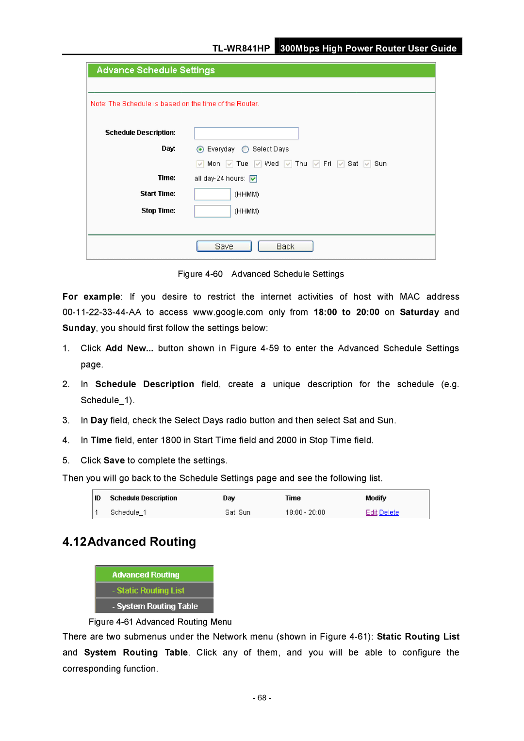 TP-Link Rev 1.0.0 1910010810 manual 12Advanced Routing, Advanced Schedule Settings 