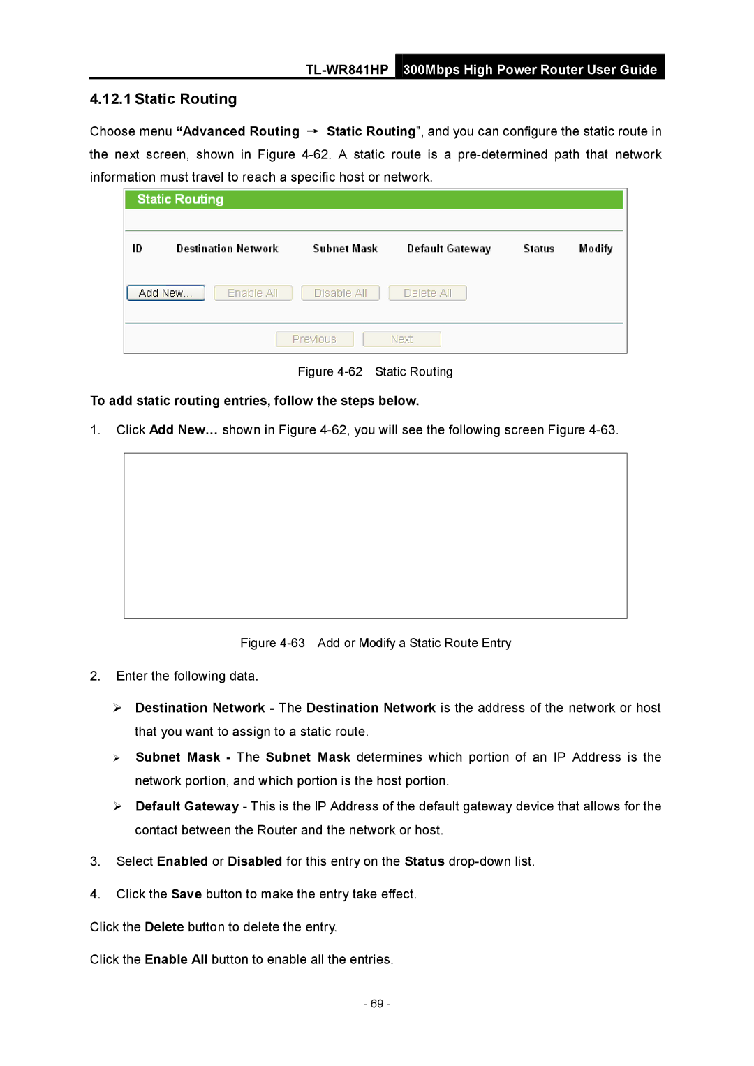 TP-Link Rev 1.0.0 1910010810 manual Static Routing, To add static routing entries, follow the steps below 