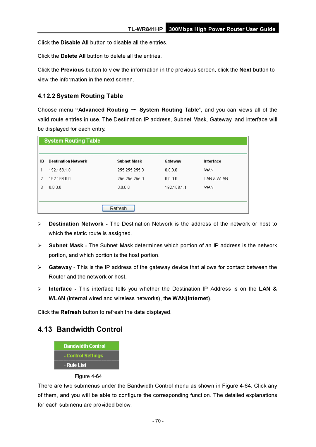 TP-Link Rev 1.0.0 1910010810 manual Bandwidth Control, System Routing Table 