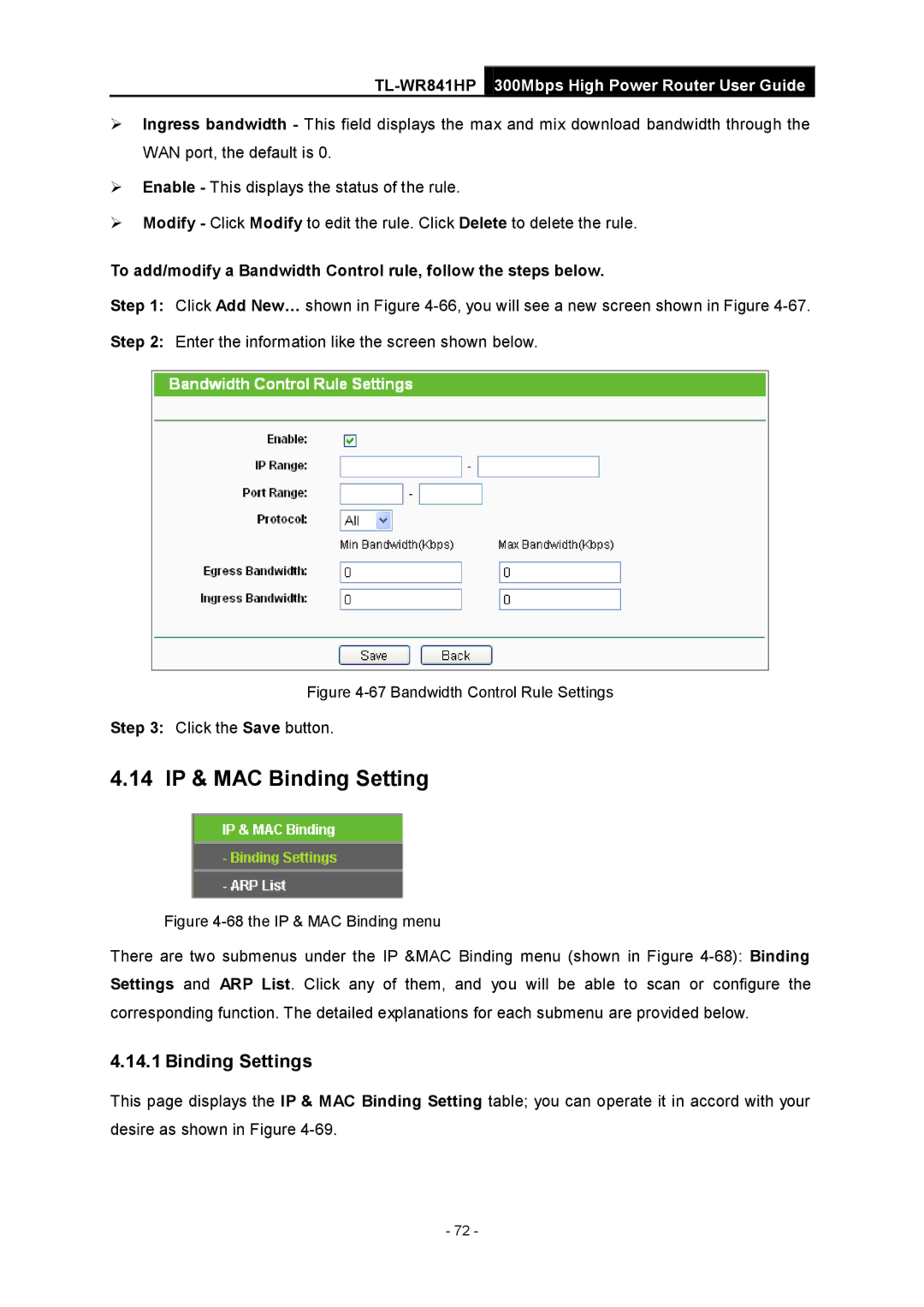 TP-Link Rev 1.0.0 1910010810 manual 14 IP & MAC Binding Setting, Binding Settings 