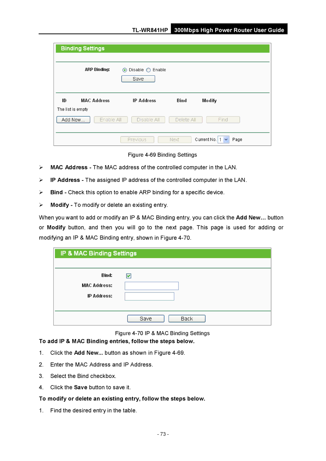 TP-Link Rev 1.0.0 1910010810 manual To add IP & MAC Binding entries, follow the steps below, Binding Settings 