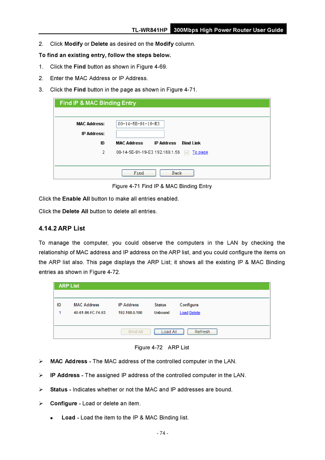 TP-Link Rev 1.0.0 1910010810 manual ARP List, To find an existing entry, follow the steps below 