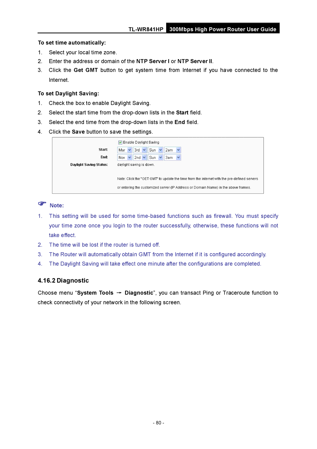 TP-Link Rev 1.0.0 1910010810 manual Diagnostic, To set time automatically, To set Daylight Saving 