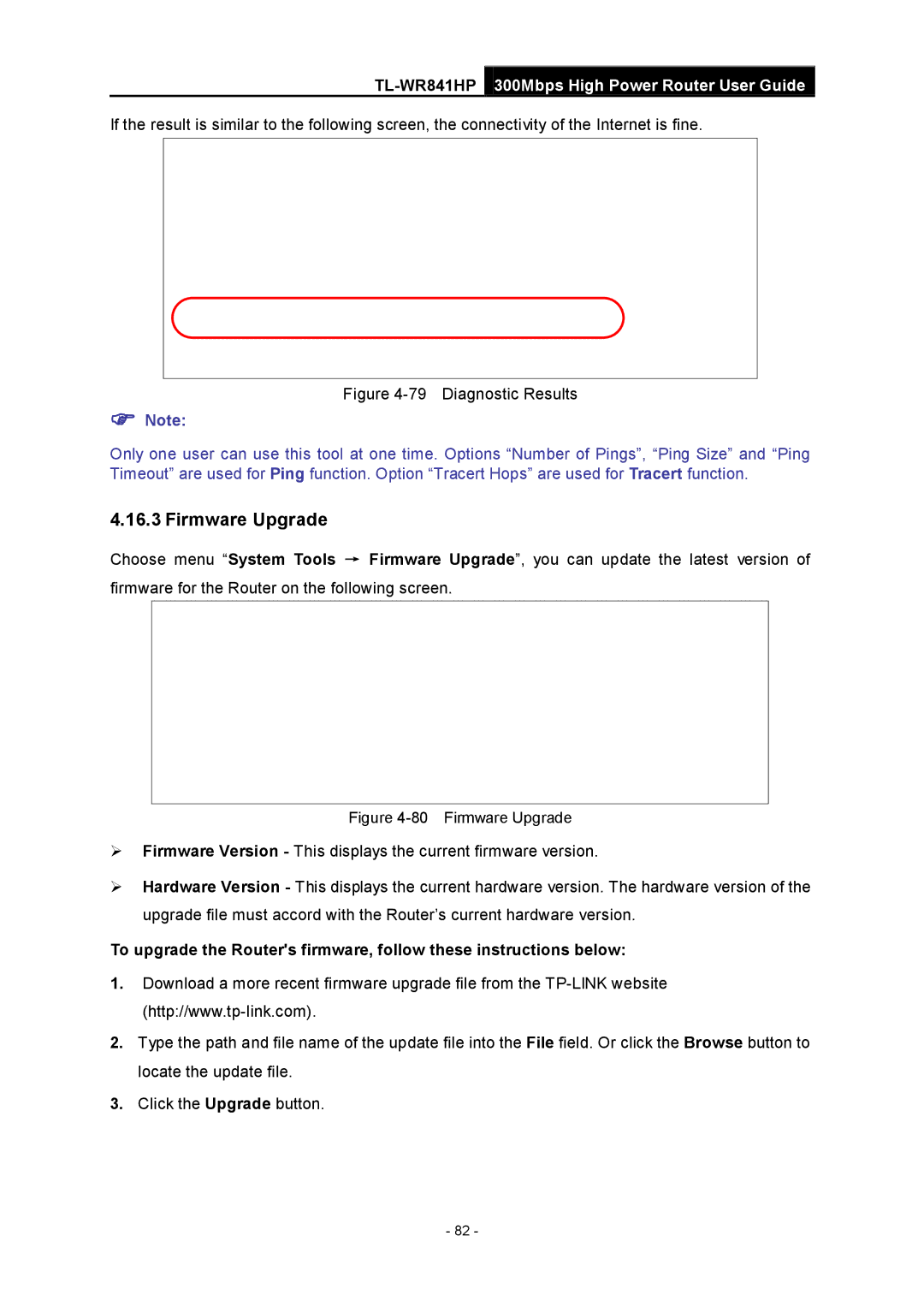 TP-Link Rev 1.0.0 1910010810 manual Firmware Upgrade, Diagnostic Results 