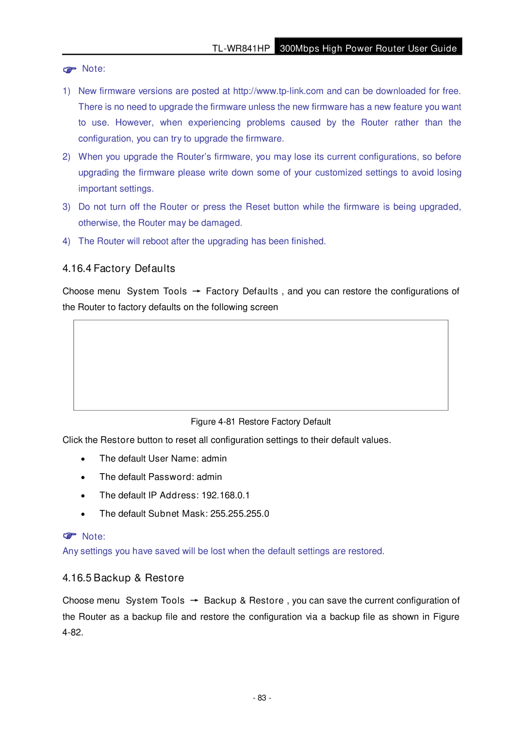 TP-Link Rev 1.0.0 1910010810 manual Factory Defaults, Backup & Restore 