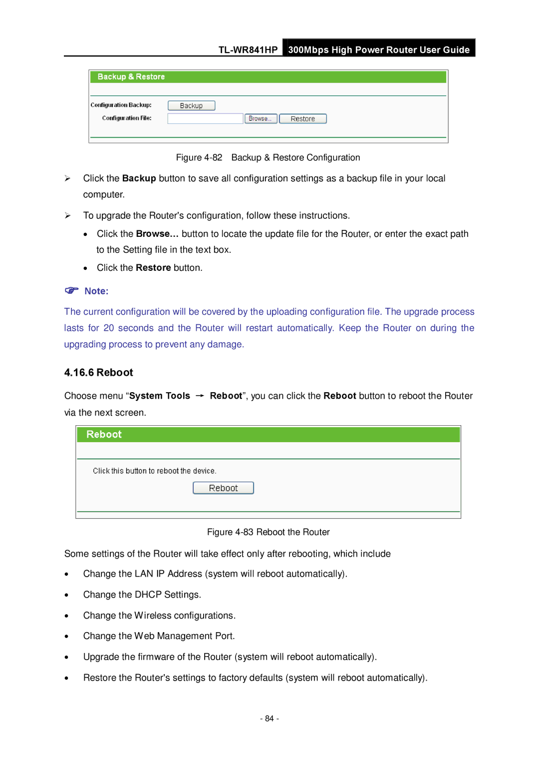 TP-Link Rev 1.0.0 1910010810 manual Reboot, Backup & Restore Configuration 