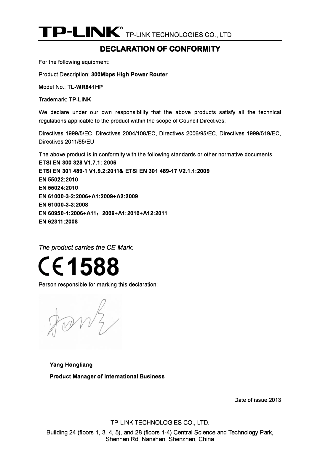 TP-Link Rev 1.0.0 1910010810 manual Declaration Of Conformity, Product Description 300Mbps High Power Router 