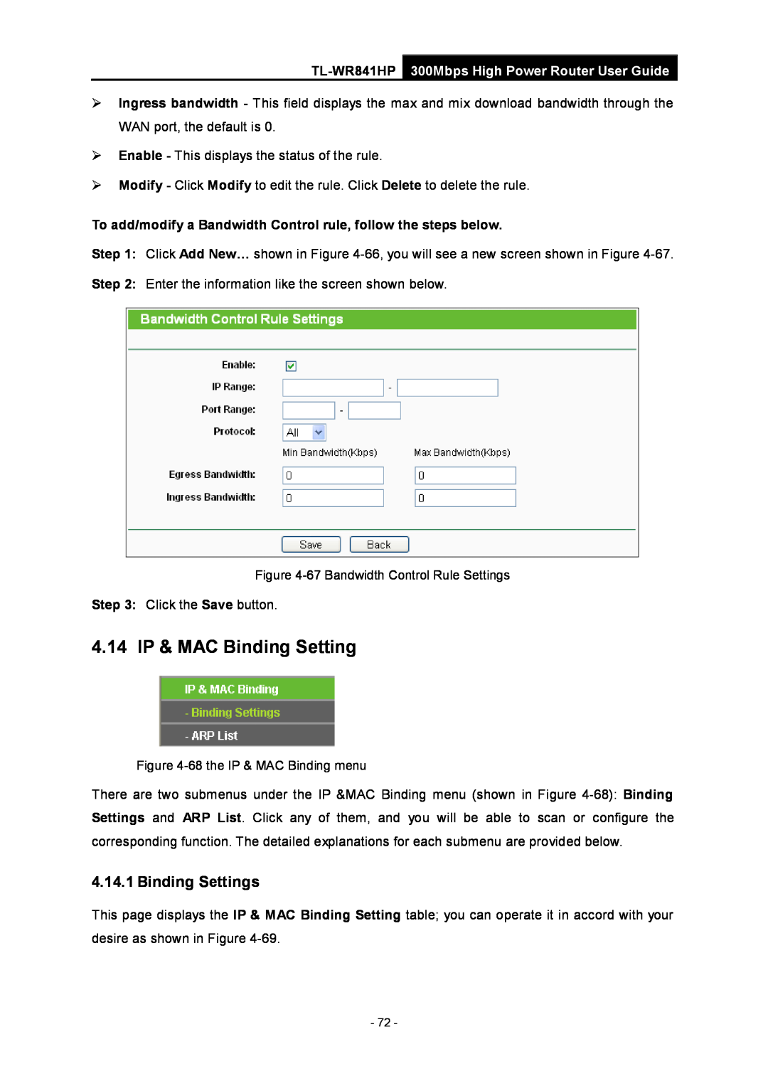 TP-Link Rev 1.0.0 1910010810 manual 4.14 IP & MAC Binding Setting, Binding Settings 