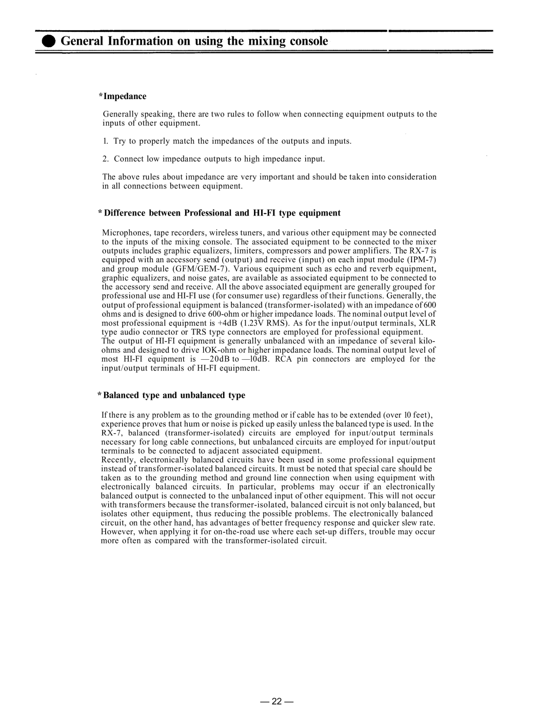 TP-Link RX-7-248 General Information on using the mixing console, Impedance, Balanced type and unbalanced type 