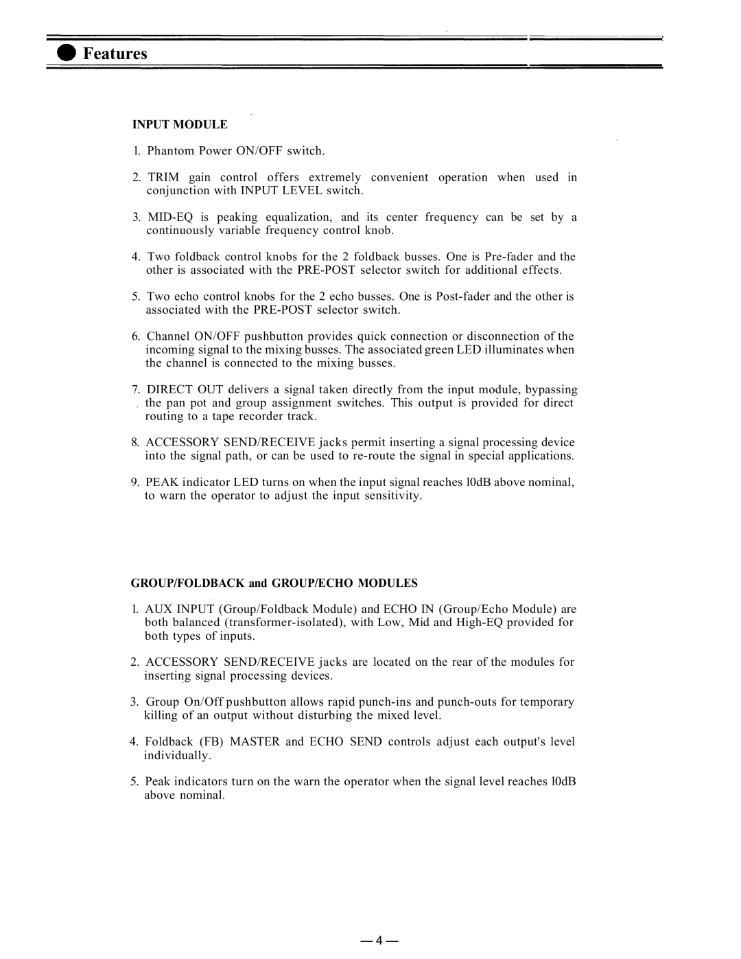 TP-Link RX-7-248 instruction manual Features, Input Module, GROUP/FOLDBACK and GROUP/ECHO Modules 