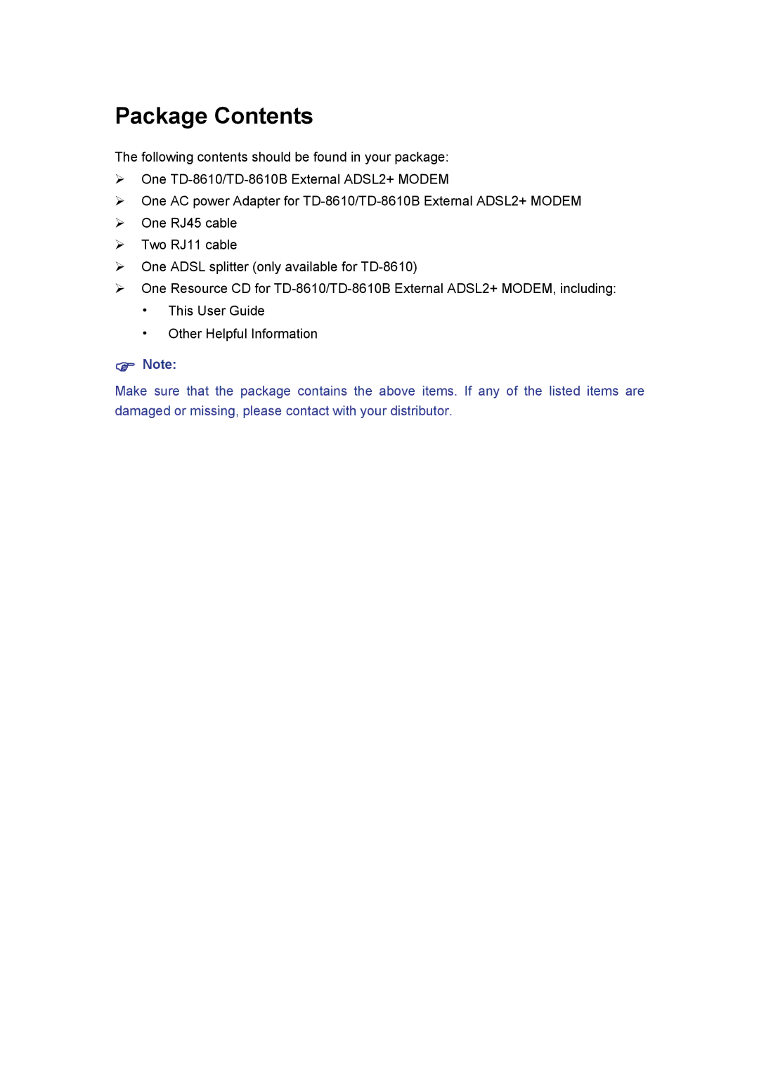 TP-Link TD-8610, TD-861B manual Package Contents 