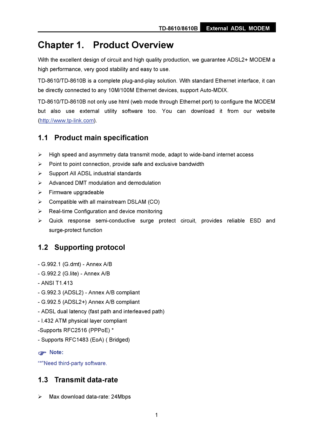 TP-Link TD-8610, TD-861B manual Product Overview, Product main specification, Supporting protocol, Transmit data-rate 