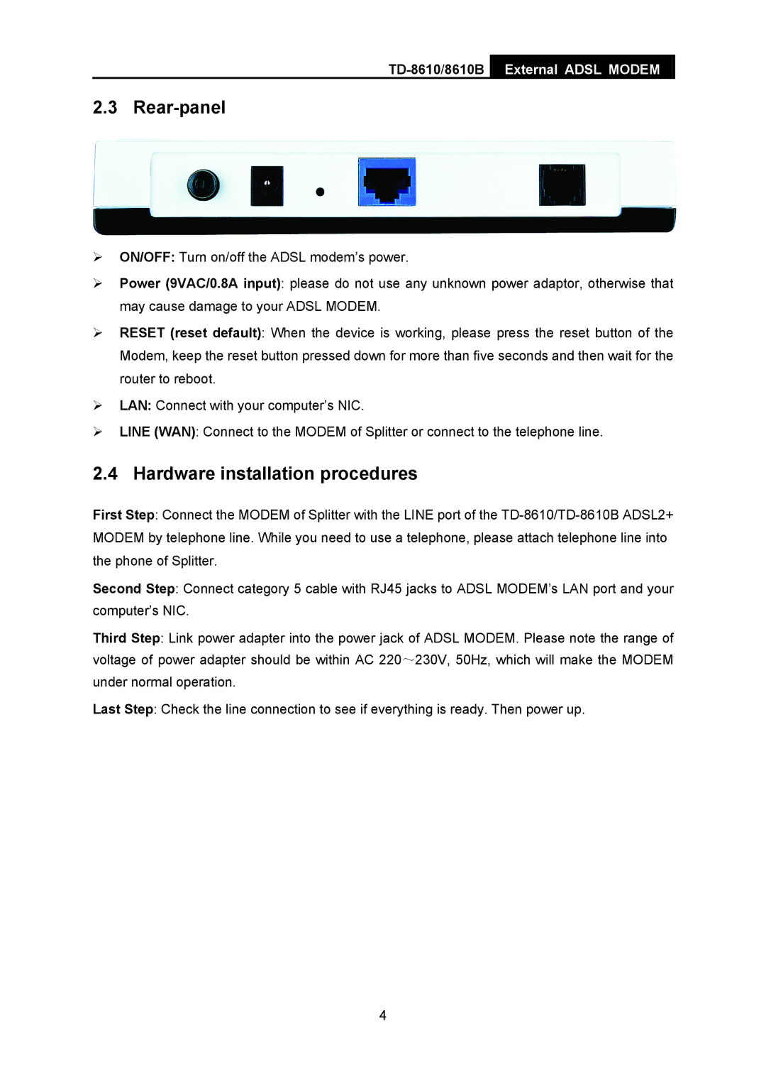 TP-Link TD-861B, TD-8610 manual Rear-panel, Hardware installation procedures 