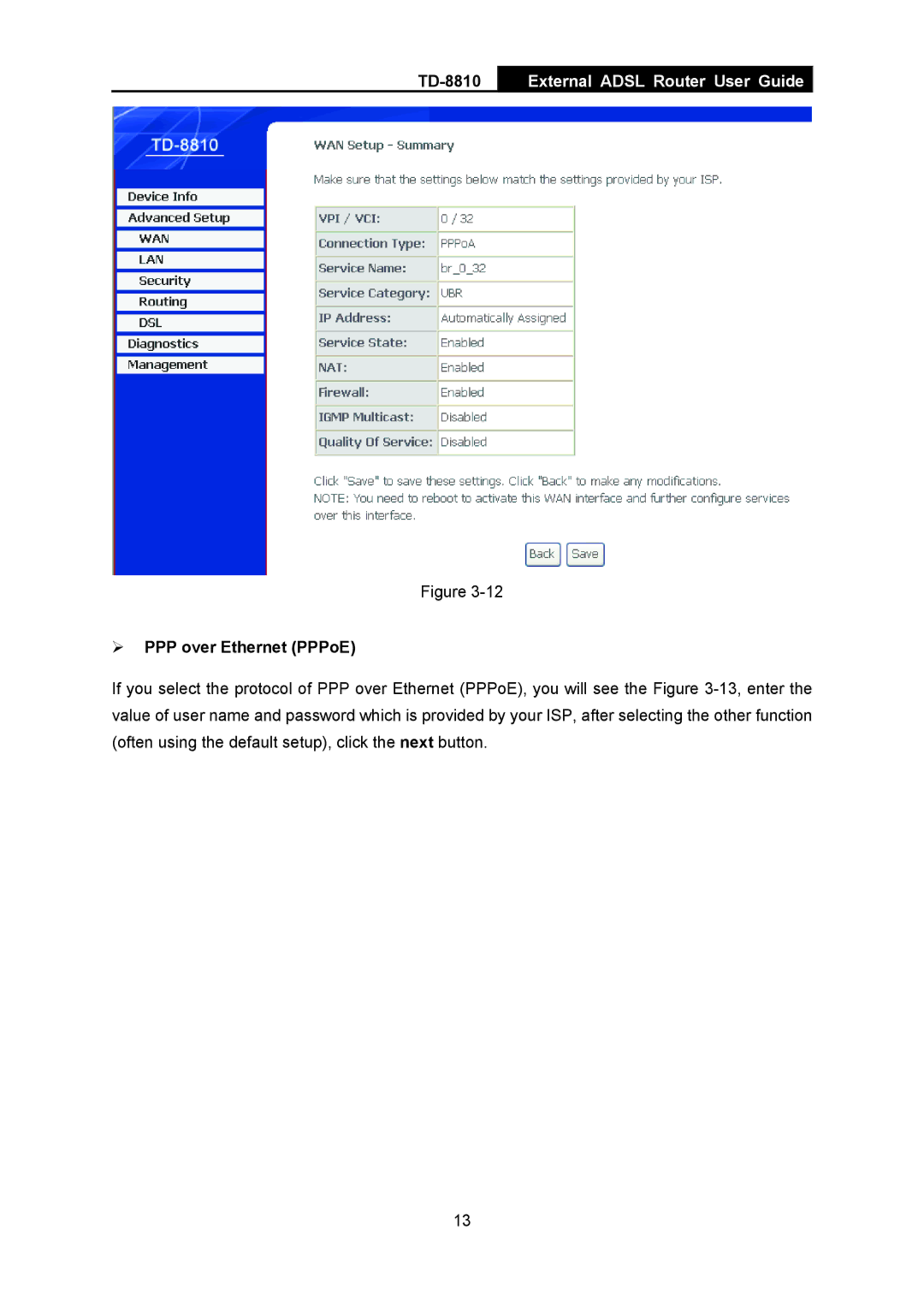 TP-Link TD-8810B manual ¾ PPP over Ethernet PPPoE 