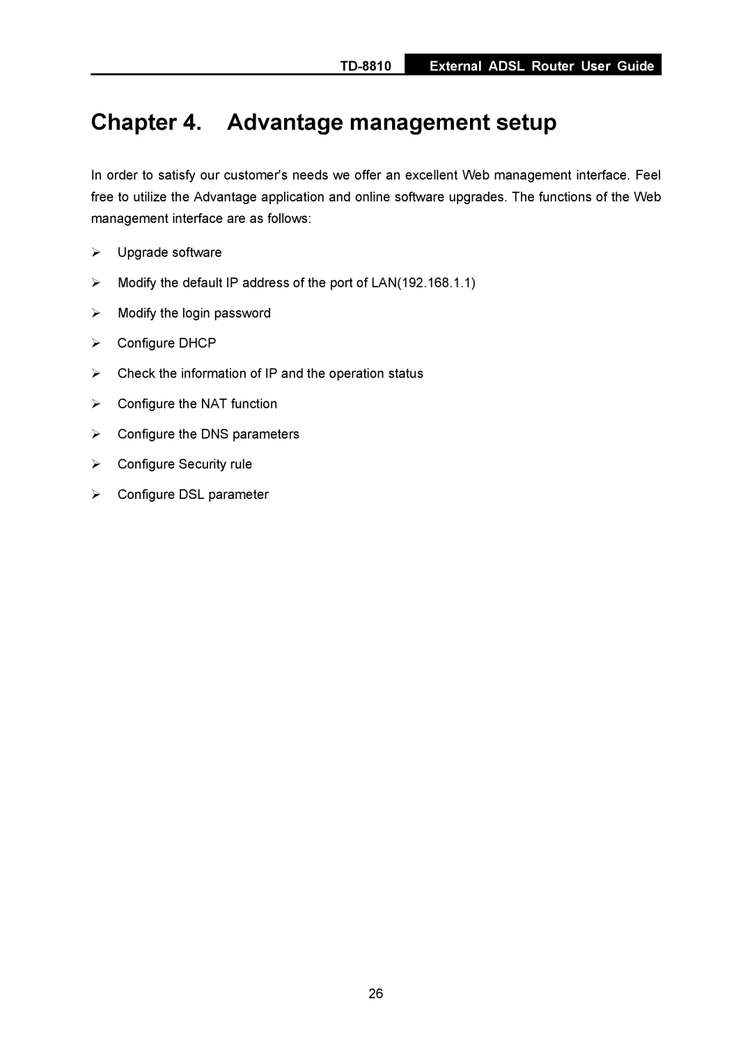 TP-Link TD-8810B manual Advantage management setup 