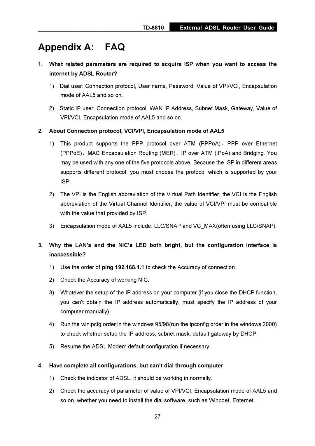 TP-Link TD-8810B manual Appendix a FAQ 