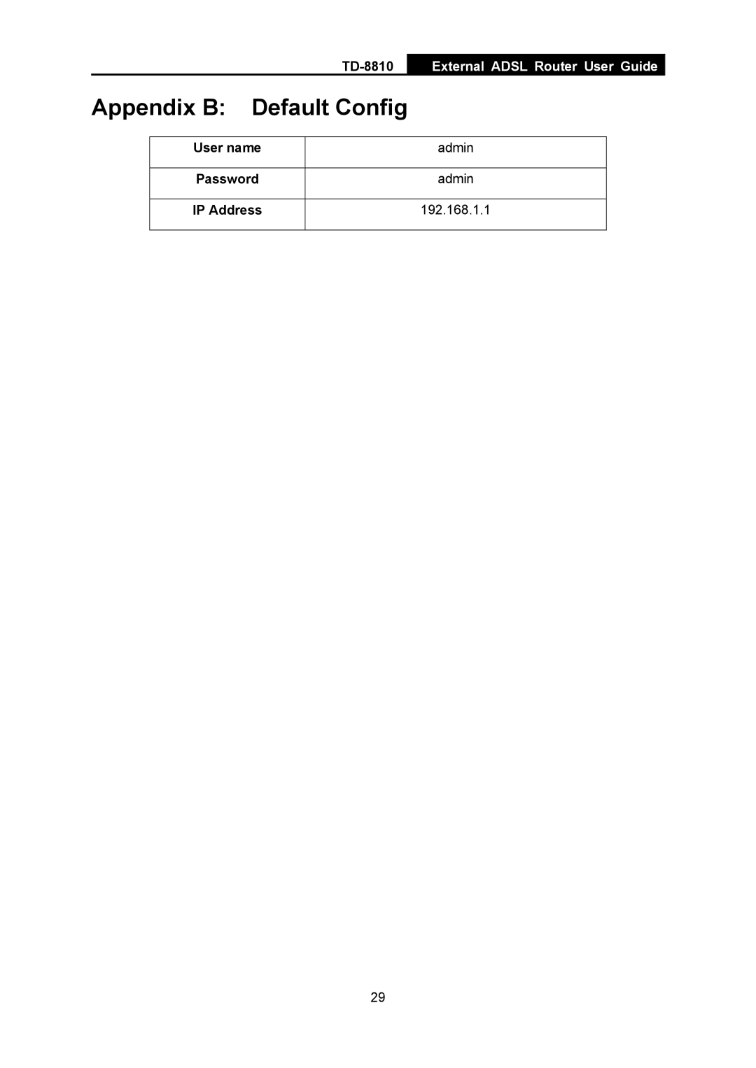 TP-Link TD-8810B manual Appendix B Default Config, User name 