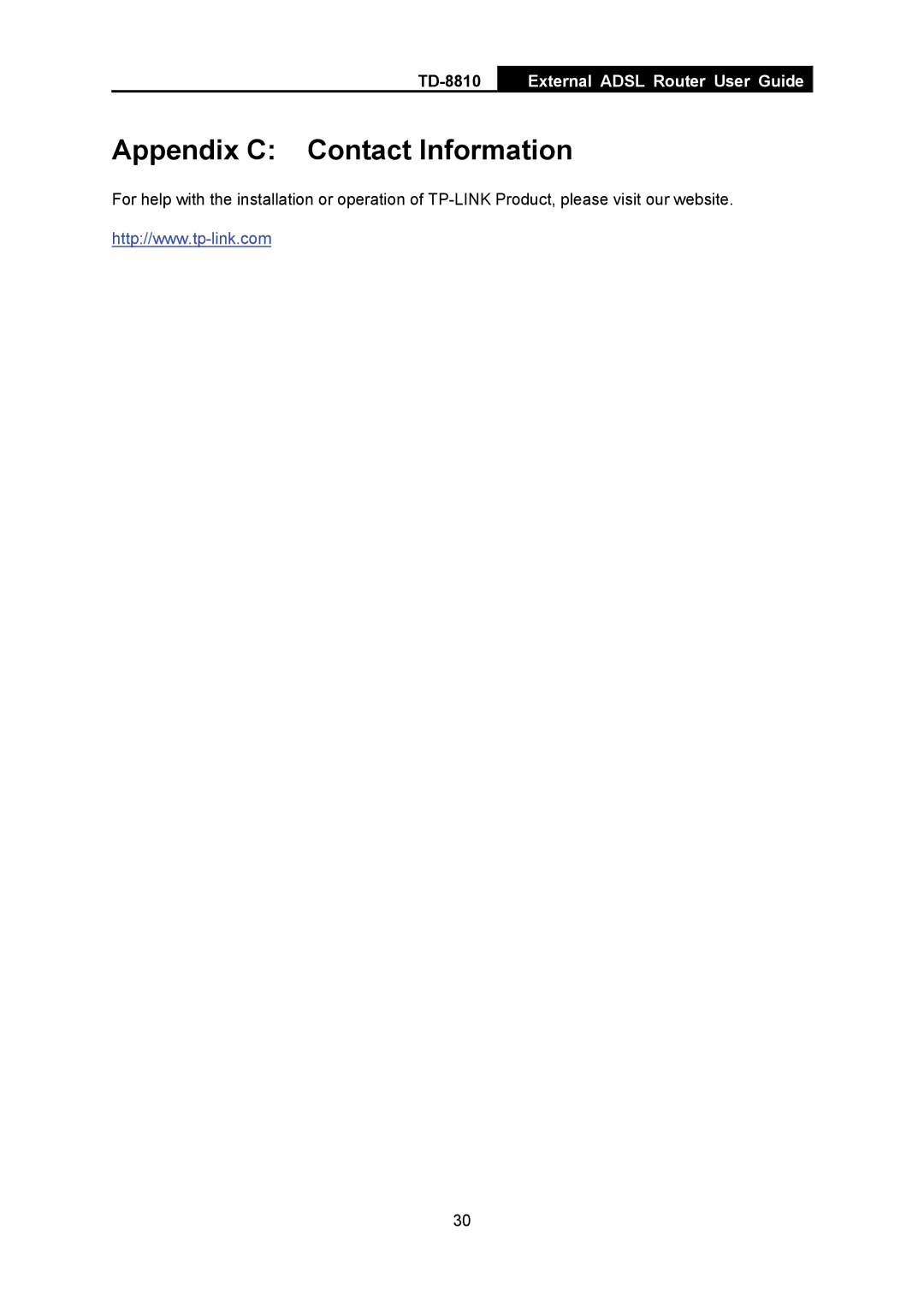TP-Link TD-8810B manual Appendix C Contact Information 