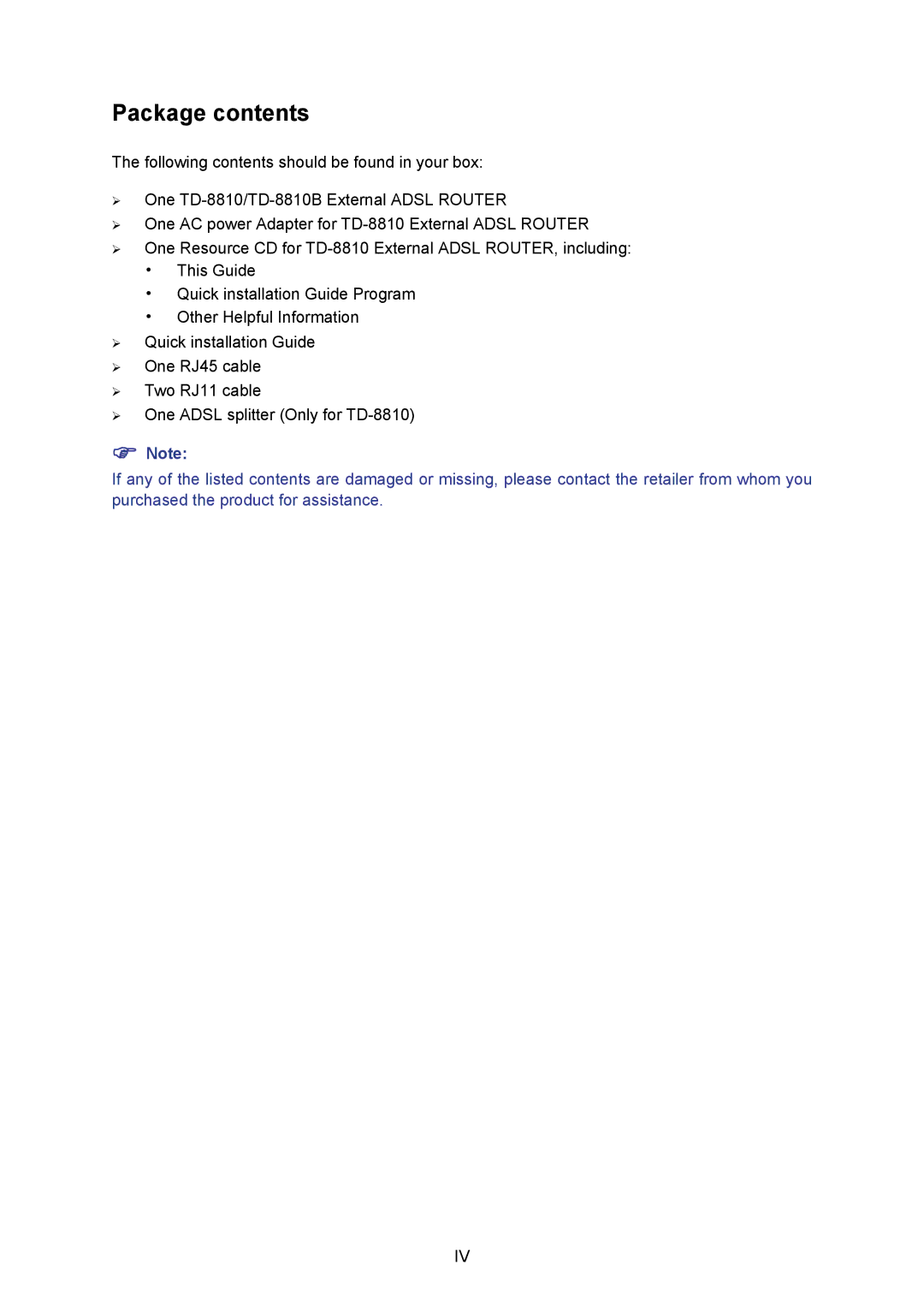 TP-Link TD-8810B manual Package contents 