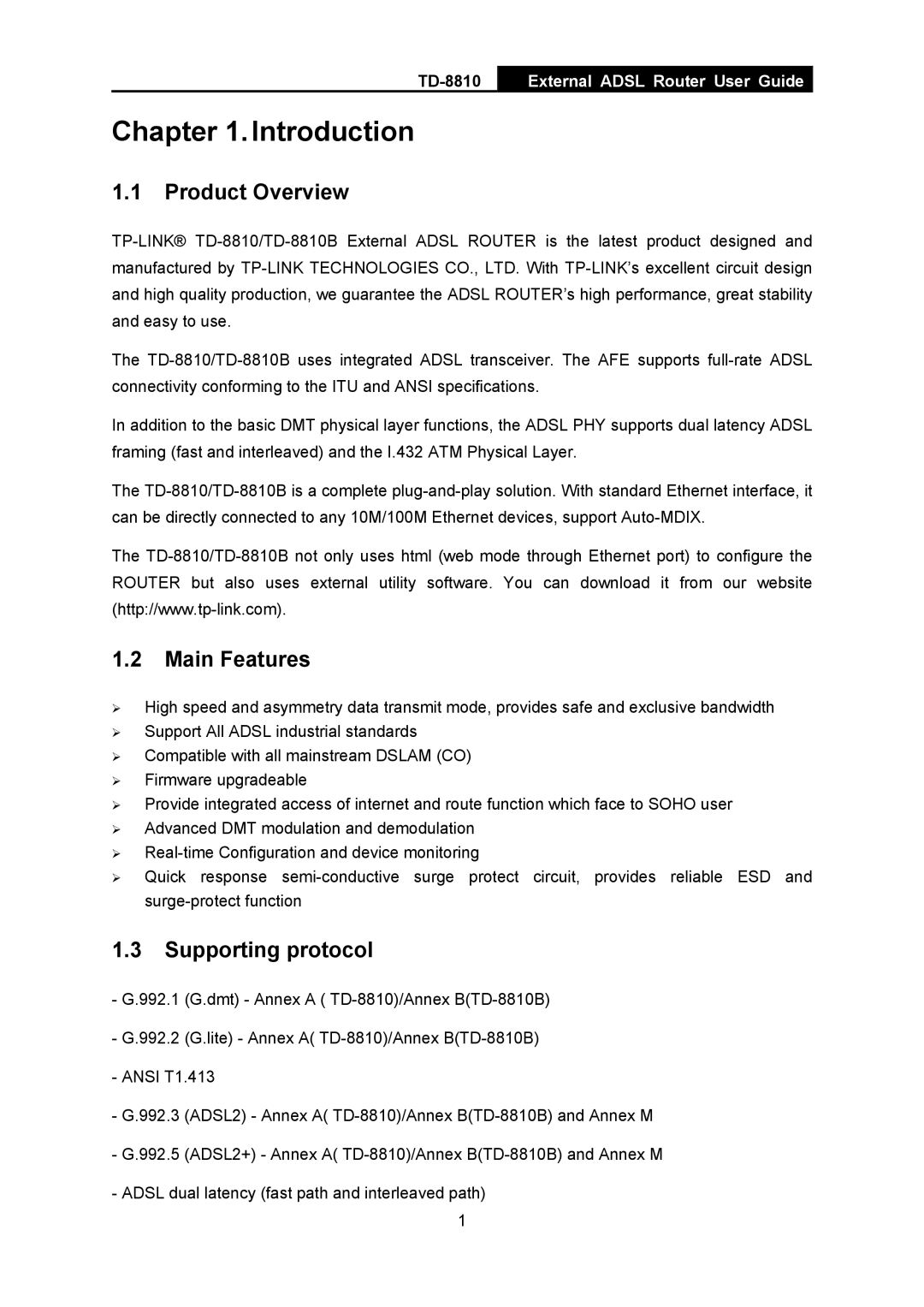 TP-Link TD-8810B manual Introduction, Product Overview, Main Features, Supporting protocol 