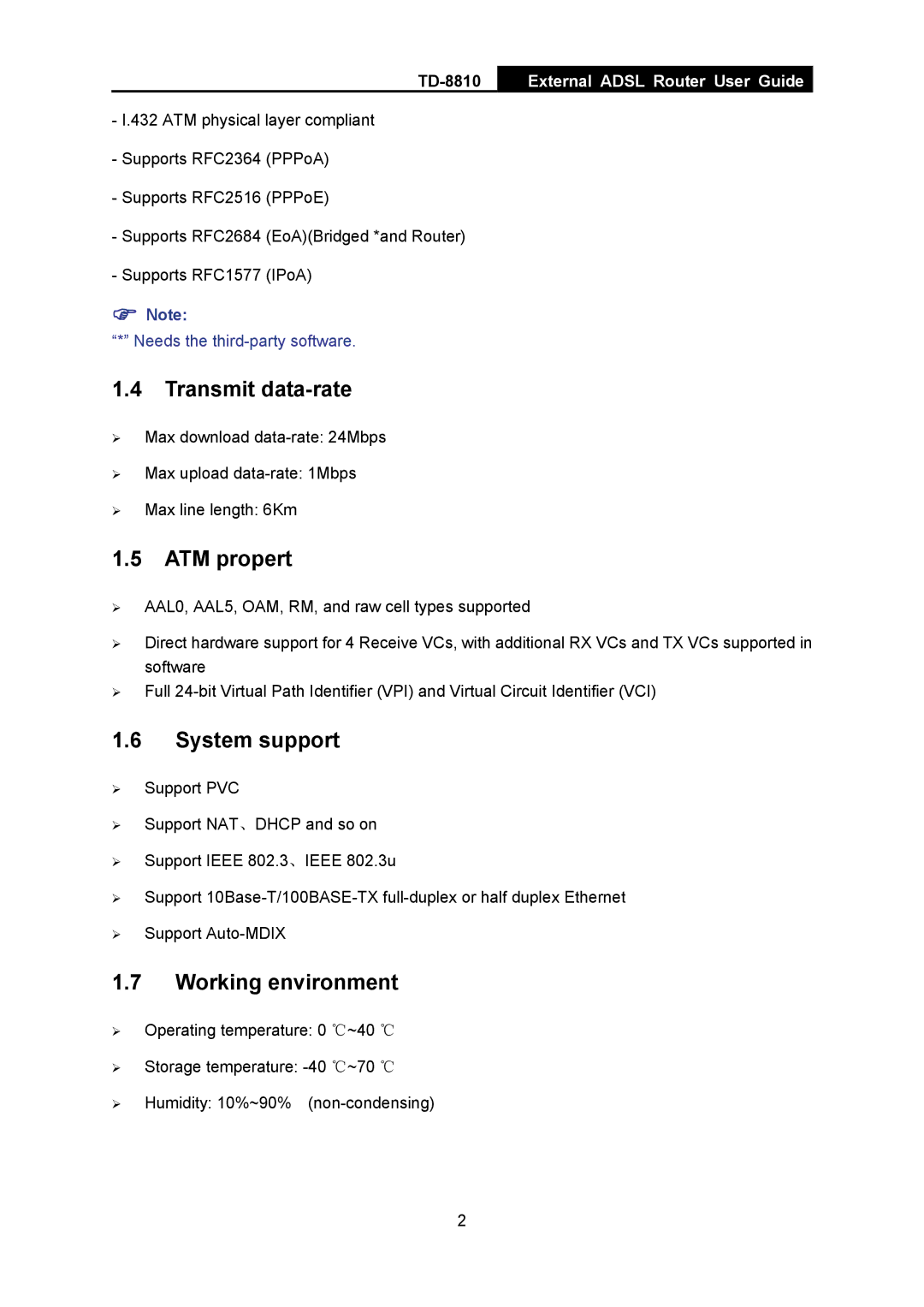 TP-Link TD-8810B manual Transmit data-rate, ATM propert, System support, Working environment 