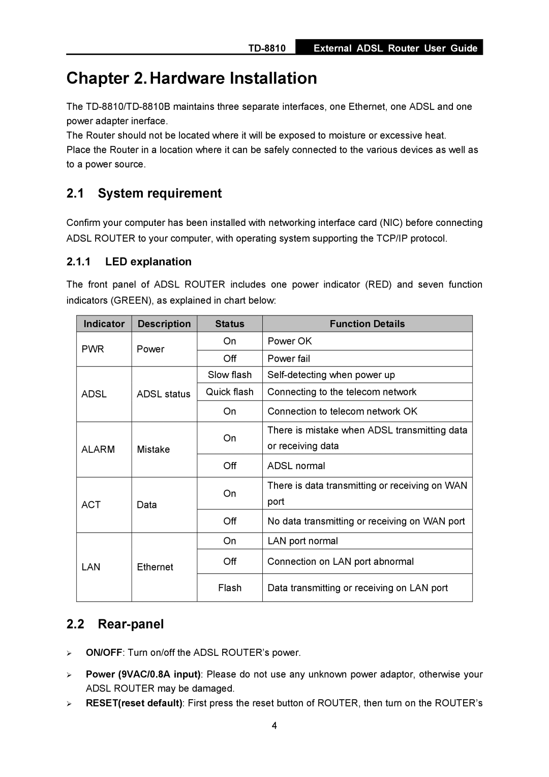 TP-Link TD-8810B Hardware Installation, System requirement, Rear-panel, Indicator Description Status Function Details 